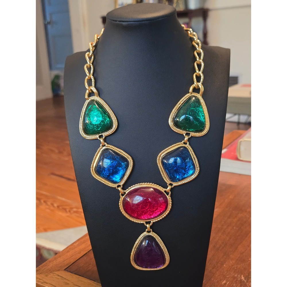 80s Bold Colorful Goldtone Statrment Necklace Vintage